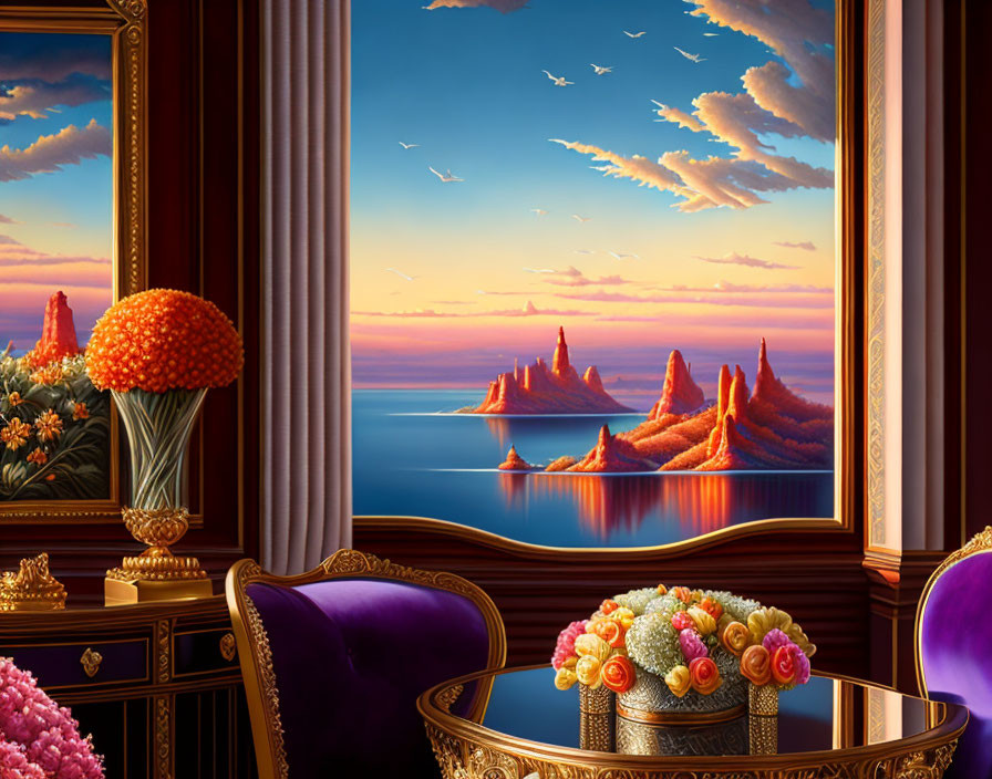 Opulent room with coastal sunset view and purple decor