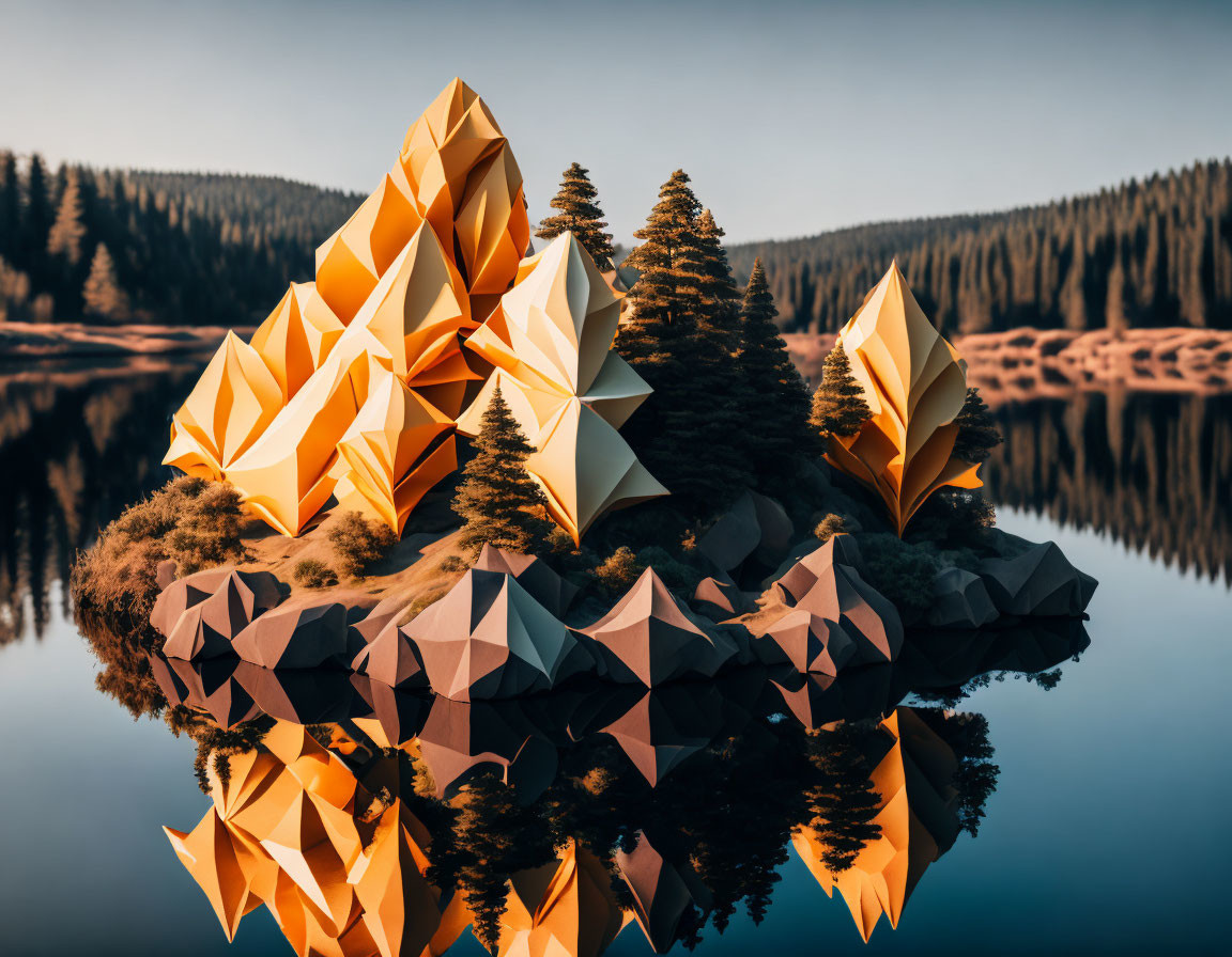 Geometric origami-like structures in serene lakeside landscape