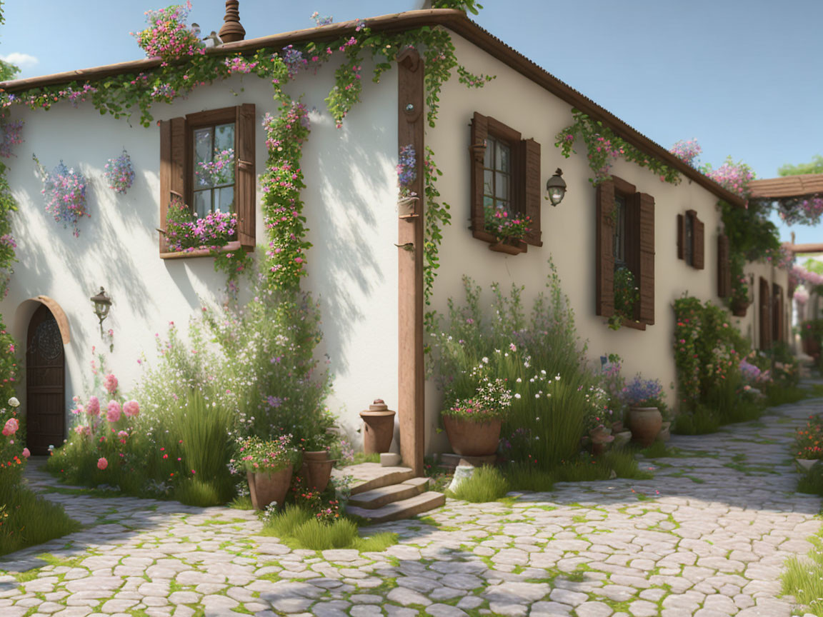 Charming Cottage Surrounded by Lush Flowers and Cobblestone Pathway