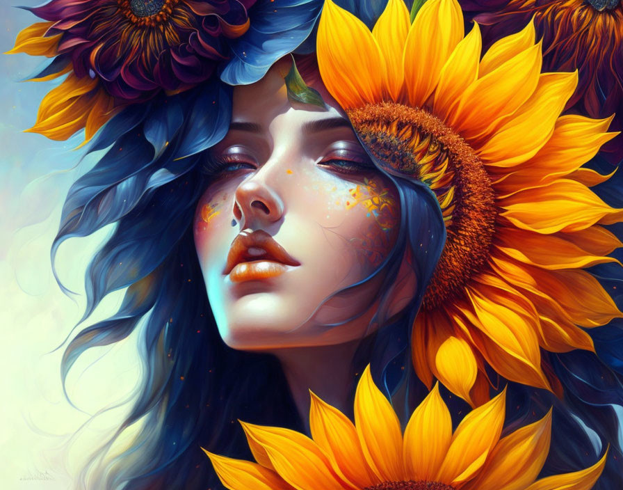 Colorful portrait of a woman with sunflowers and blooms, blue skin and freckles