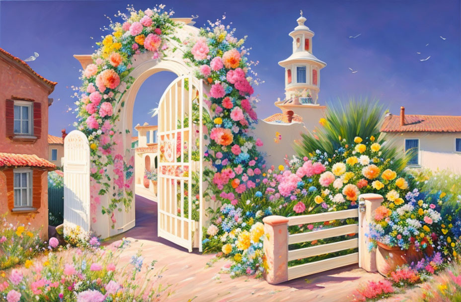 Colorful archway with flowers in a village setting under blue sky