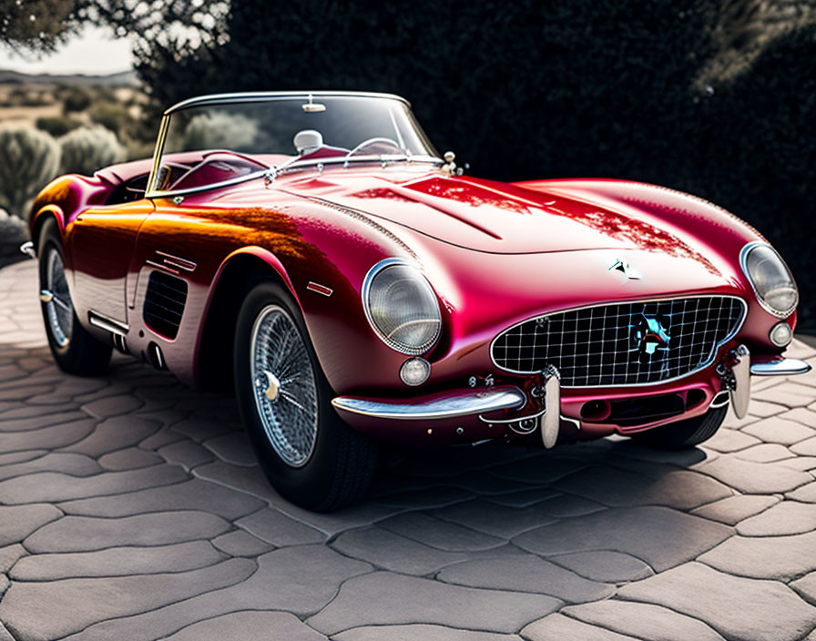 Red Convertible Sports Car with Chrome Accents and Wire Wheels on Stone Driveway