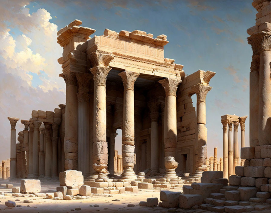 Ancient ruins featuring Corinthian columns under clear blue sky