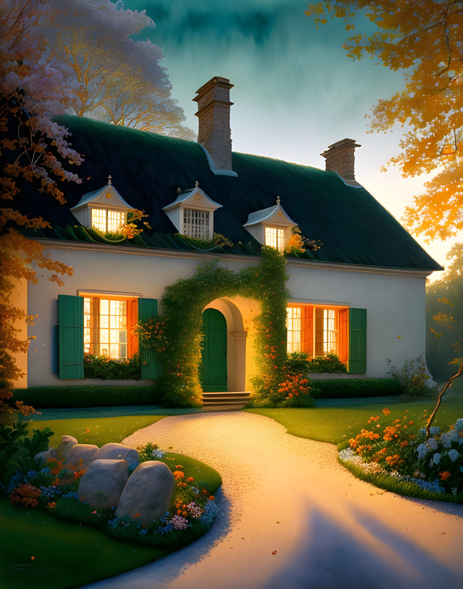 Cozy Thatched Roof Cottage with Green Shutters & Lush Garden