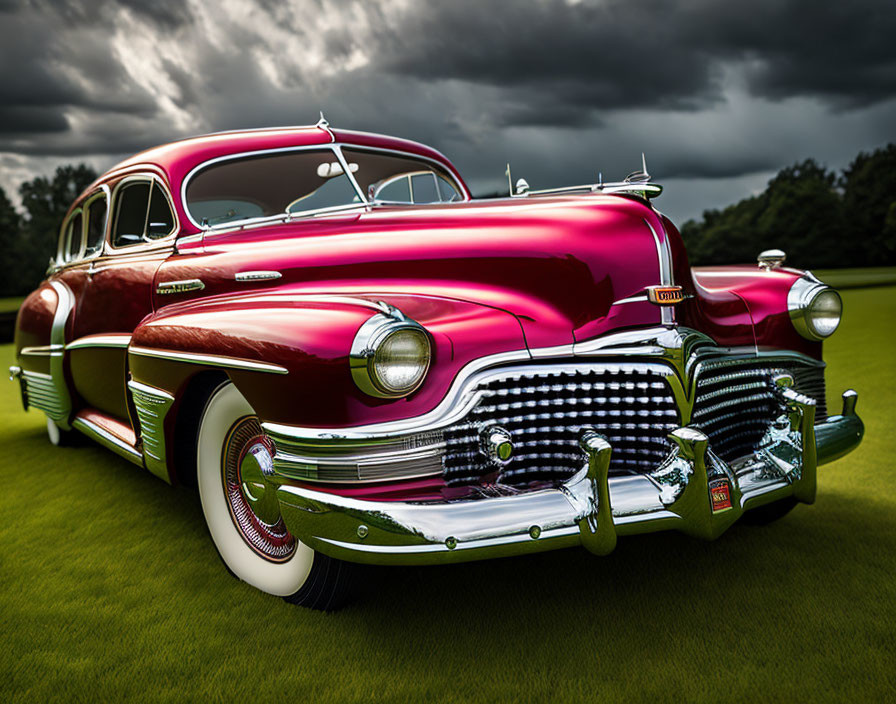 Classic Red Car with Chrome Detailing and Whitewall Tires on Grass Field