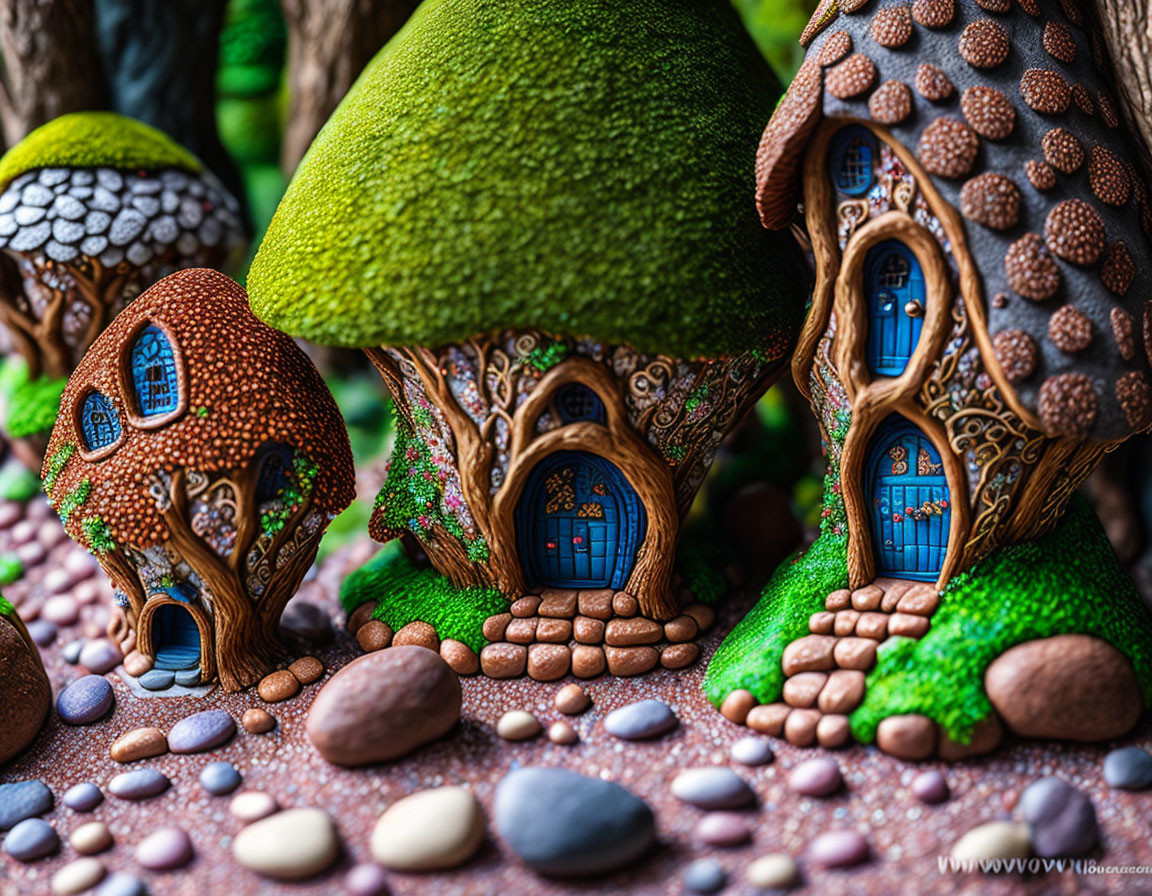 Colorful Miniature Mushroom Houses in Forest Setting