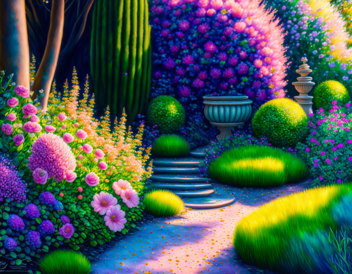 Colorful garden scene with blooming flowers, trimmed bushes, winding path, and decorative planters in