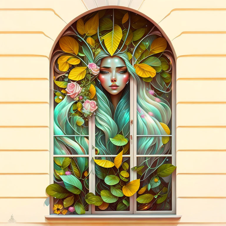 Stylized woman's face with teal hair in floral window frame