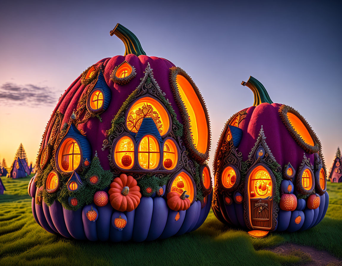 Whimsical pumpkin houses in a grassy field at twilight