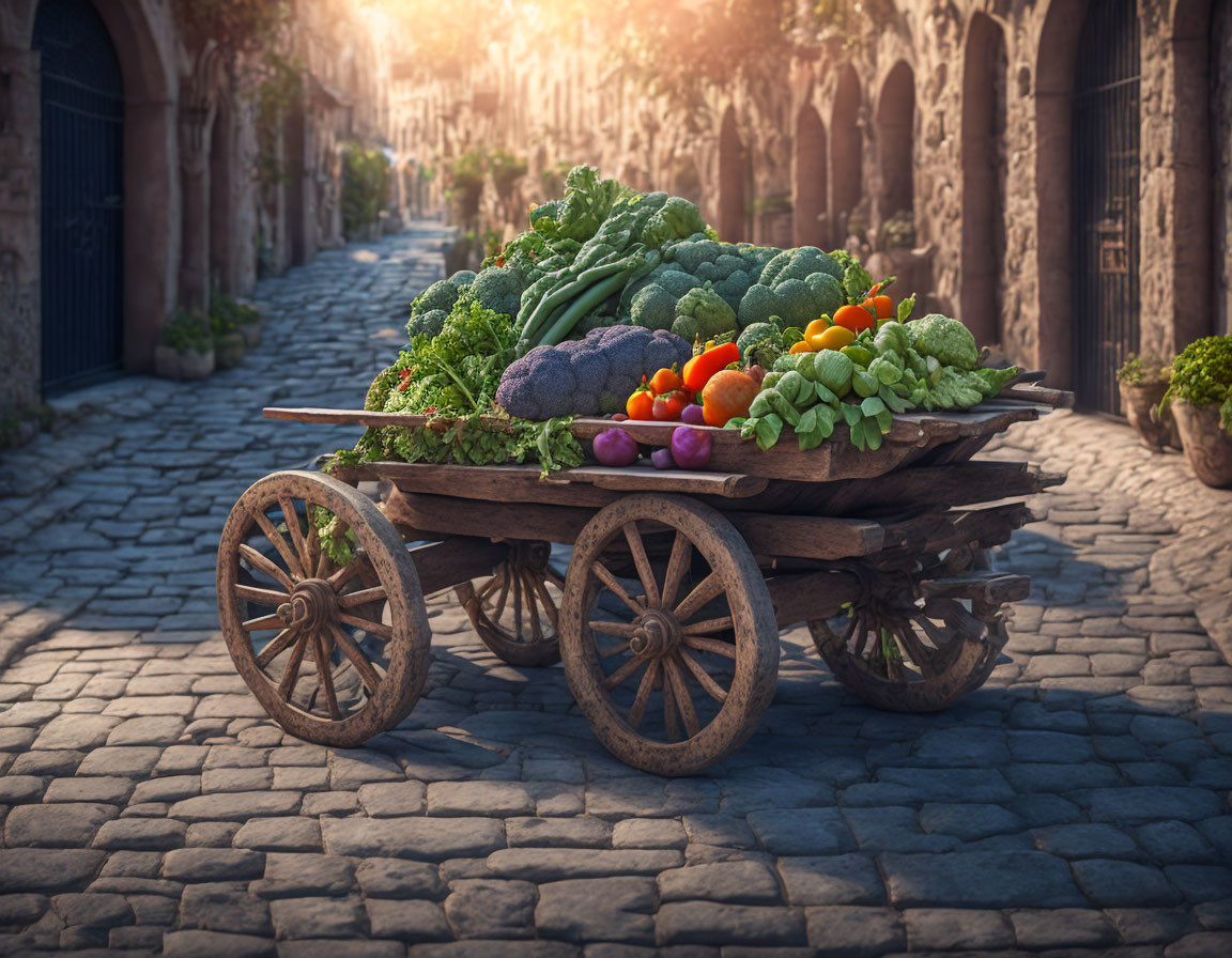 Fresh vegetables on wooden cart in historic alleyway with cobblestone street