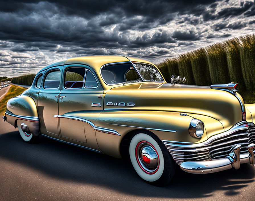 Vintage Yellow Car with Chrome Detailing on Country Road Under Dramatic Sky