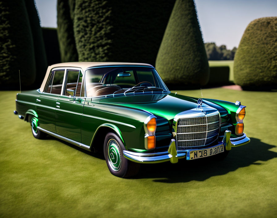 Vintage Green Mercedes-Benz Parked on Manicured Lawn with Sculpted Hedges