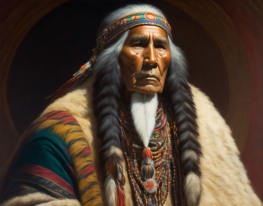 Native American elder in traditional headdress and fur mantle portrait.