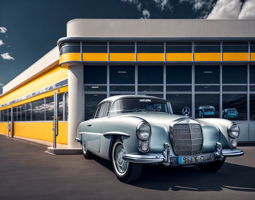 Vintage Mercedes-Benz parked by retro-style building in vibrant colors