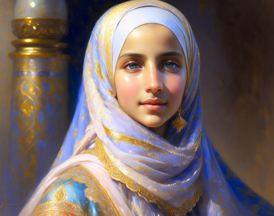 Young woman in white and gold hijab with ornate pillar backdrop