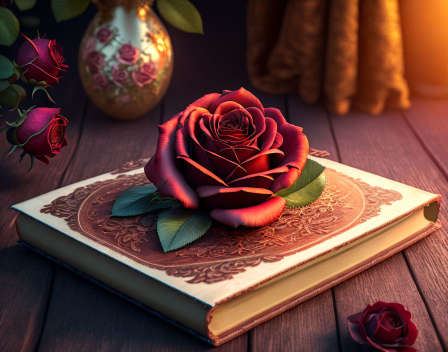 Red Rose with Golden Highlights on Embossed Book and Vase