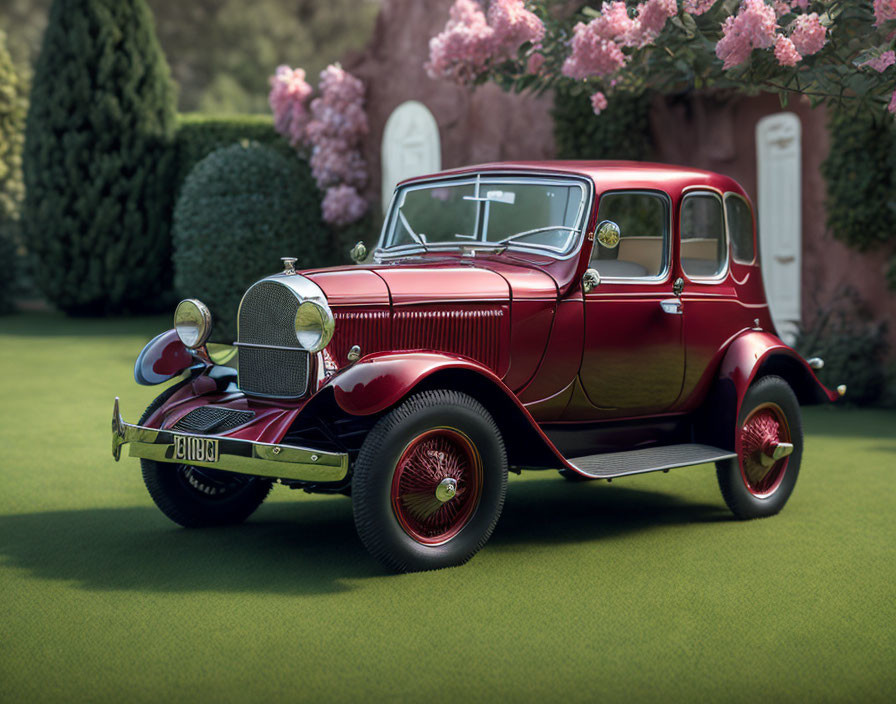 Vintage Red Car with Spoke Wheels on Manicured Lawn