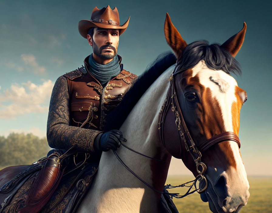 Cowboy in ornate vest on horse under blue sky.