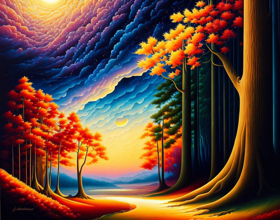 Surreal landscape painting with fiery trees and luminous path