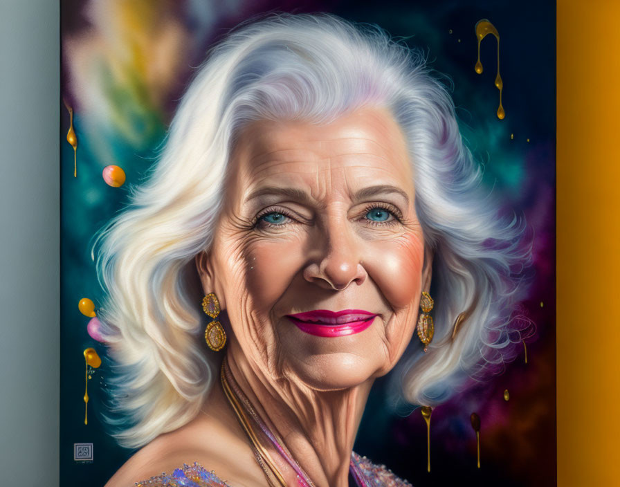 Elderly woman portrait with white hair and blue eyes in purple outfit