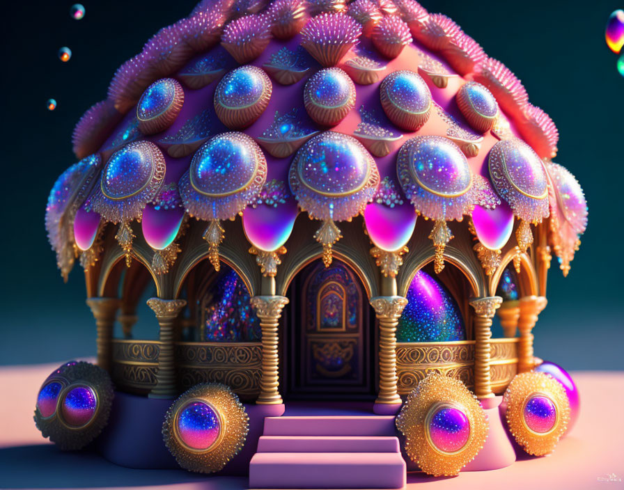 Colorful Dome Building with Sea Urchin-like Textures and Glowing Orbs