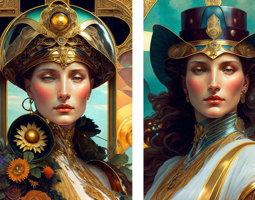 Symmetrical portraits of woman with sun and moon headpieces, metalwork, and floral details