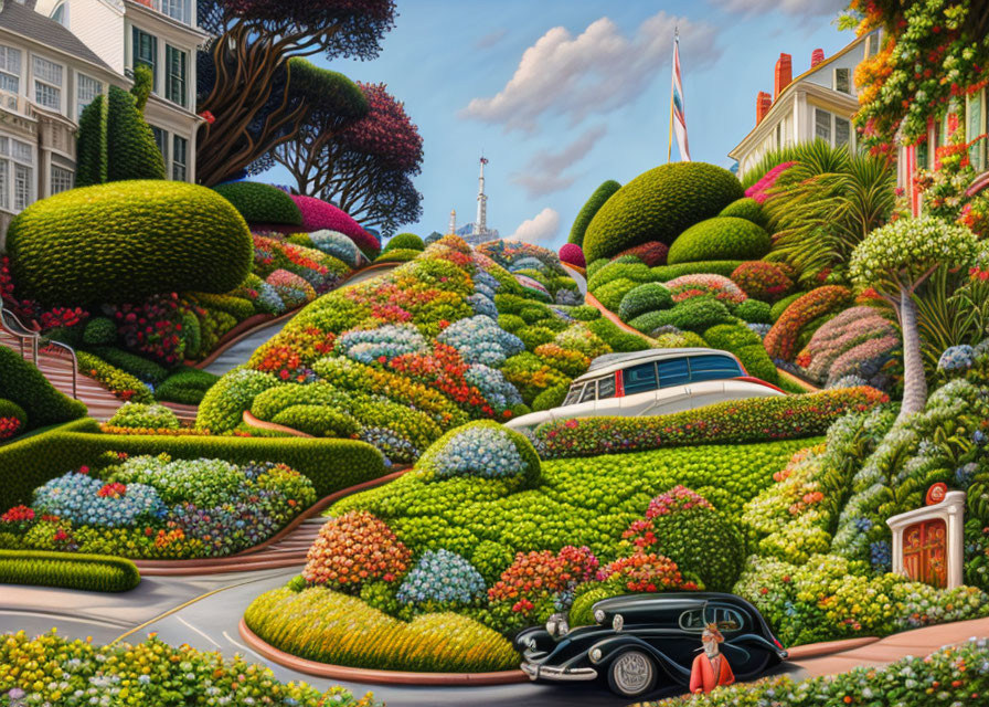 Colorful painting: Steep street with oversized topiary gardens and classic cars