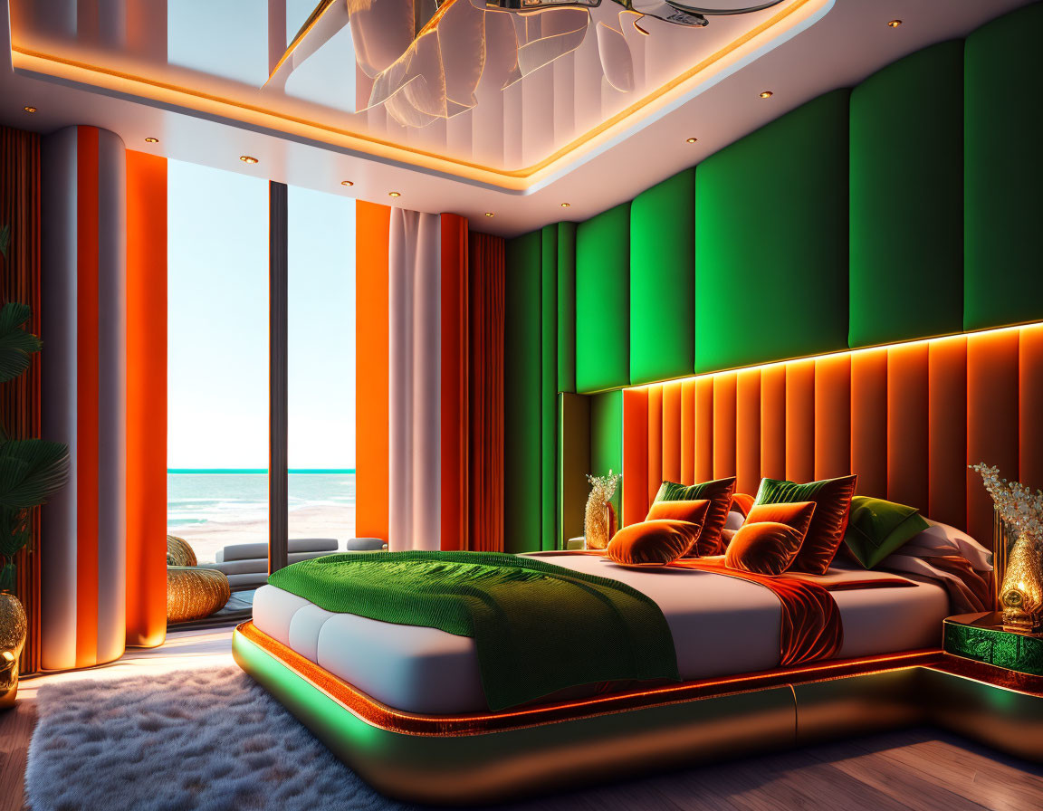 Contemporary Bedroom with Green and Orange Color Scheme, King-Sized Bed, Ocean View, Ambient Lighting