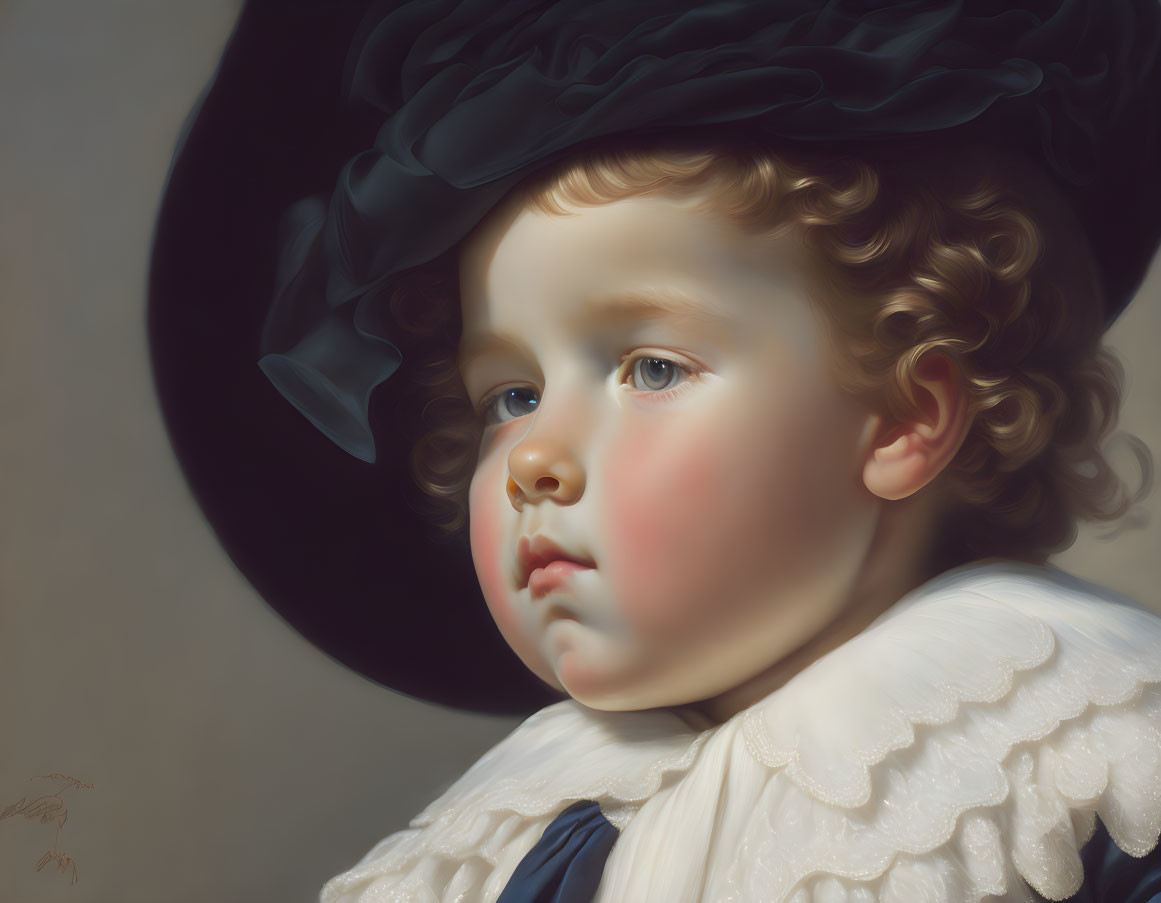 Portrait of child with curly hair in black hat and white frilly collar