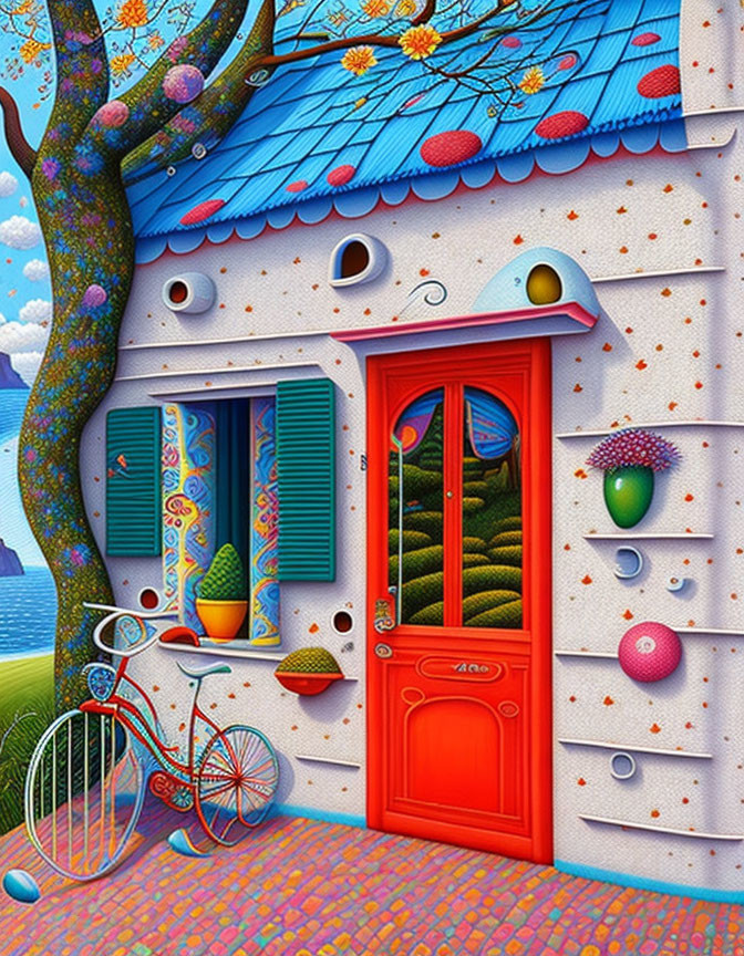 Colorful House Illustration with Red Door and Classic Bicycle