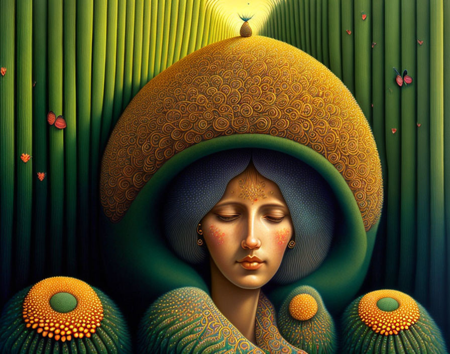 Surreal female figure with oversized headdress in vibrant green setting