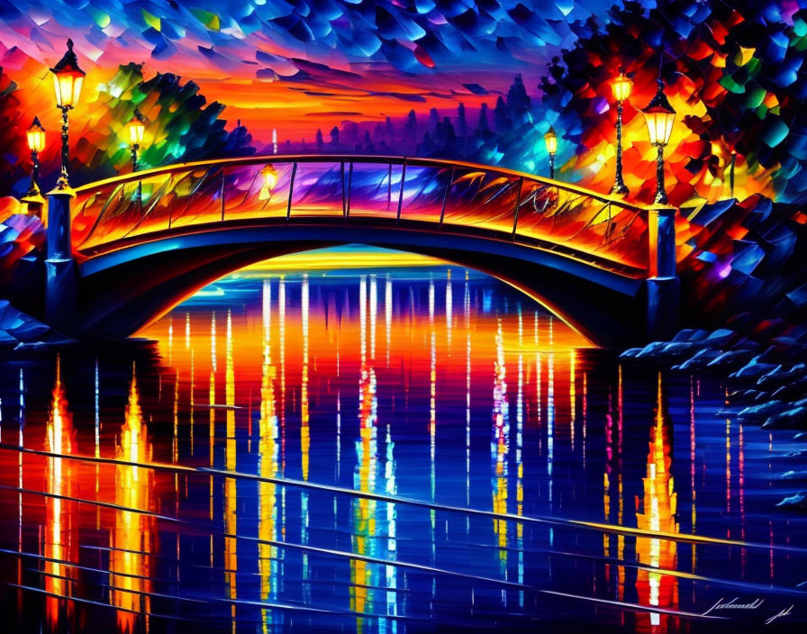 Nighttime bridge painting with water reflections and colorful mosaic backdrop