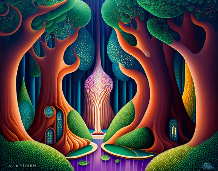 Colorful whimsical forest with glowing heart center and mystical ambiance.