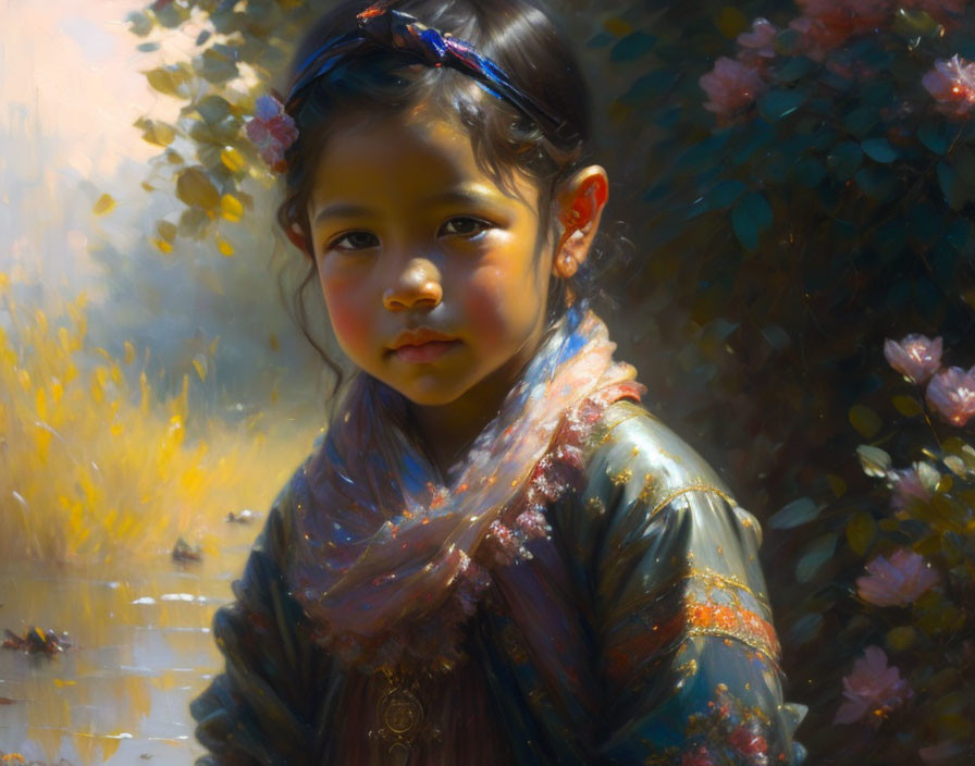 Young girl with thoughtful gaze, hairband, colorful scarf, and sunlit flora background.