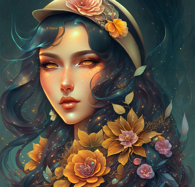 Woman with Blue Hair and Floral Hat in Starry Golden Setting