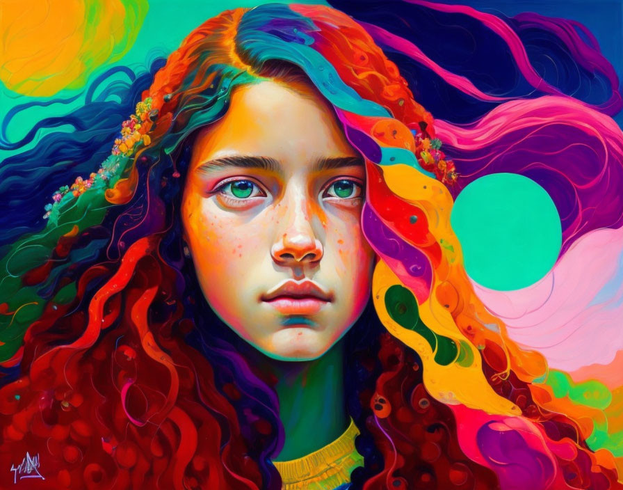 Colorful Portrait of Person with Red Curly Hair on Psychedelic Background