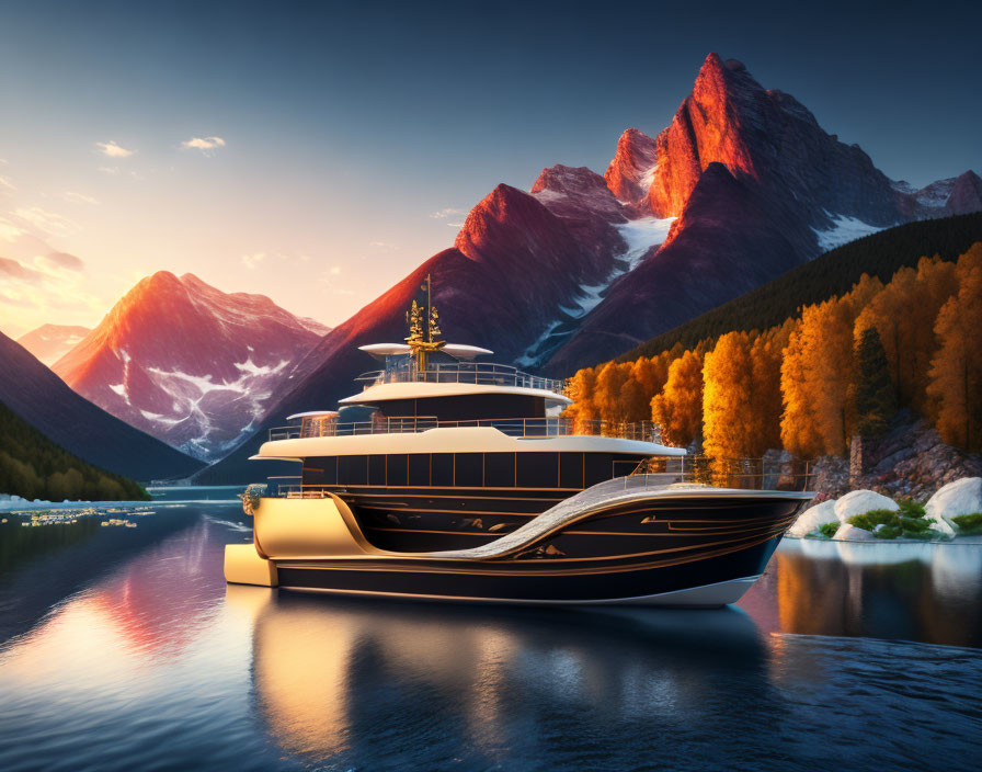 Luxurious yacht on serene lake with autumn mountains at sunset