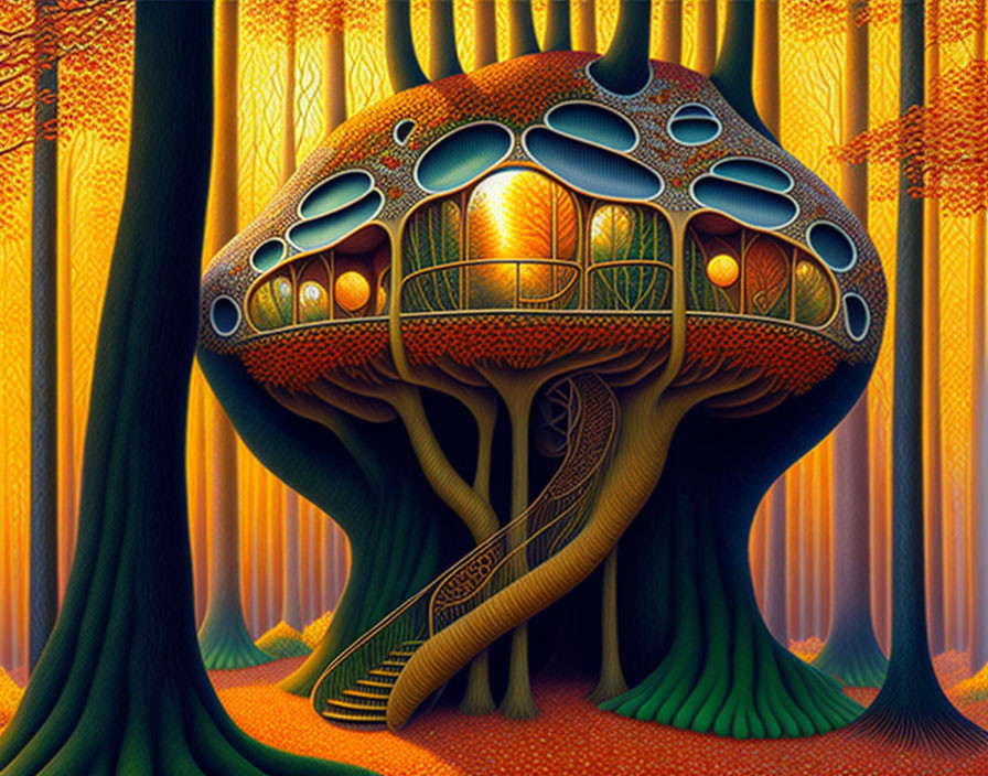 Fantastical Treehouse Artwork in Vibrant Colors