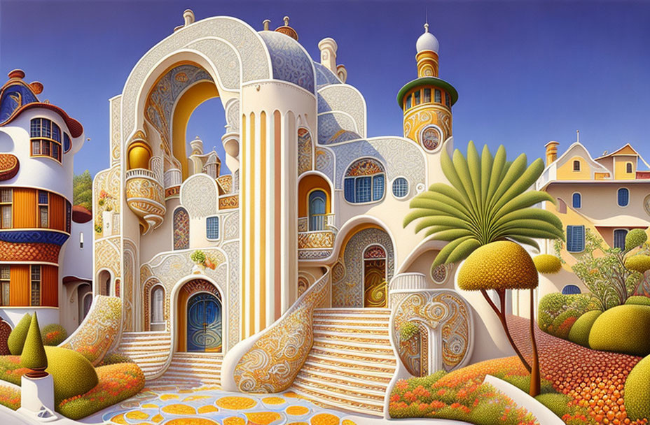 Colorful whimsical architectural landscape painting with ornate details and lush vegetation