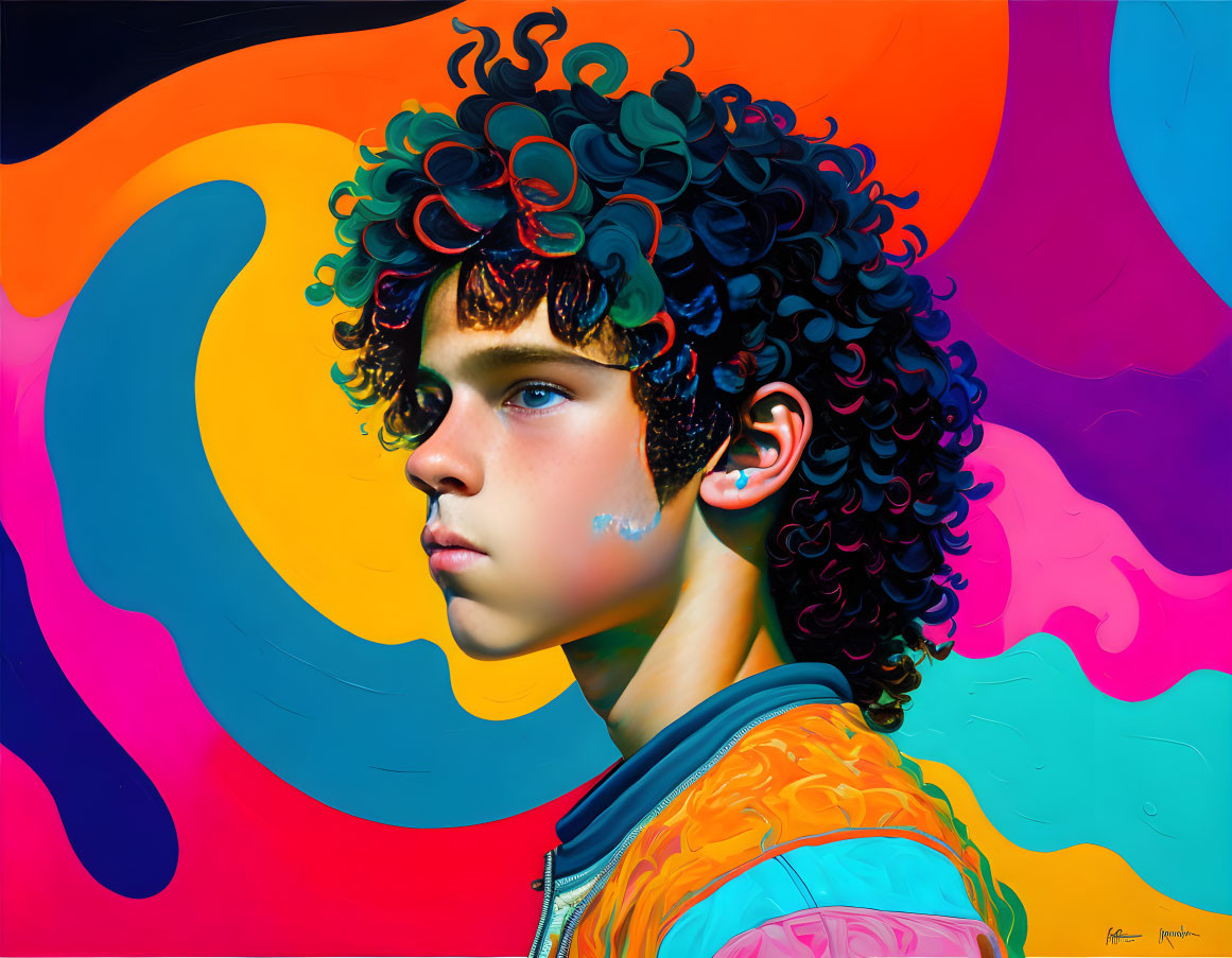 Colorful digital portrait of young person with curly hair against abstract background.