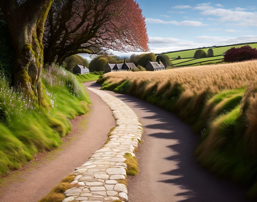 Scenic country road with cobblestone border through lush landscape