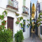 Scenic street with white buildings, green plants, flowers, arches, and staircases