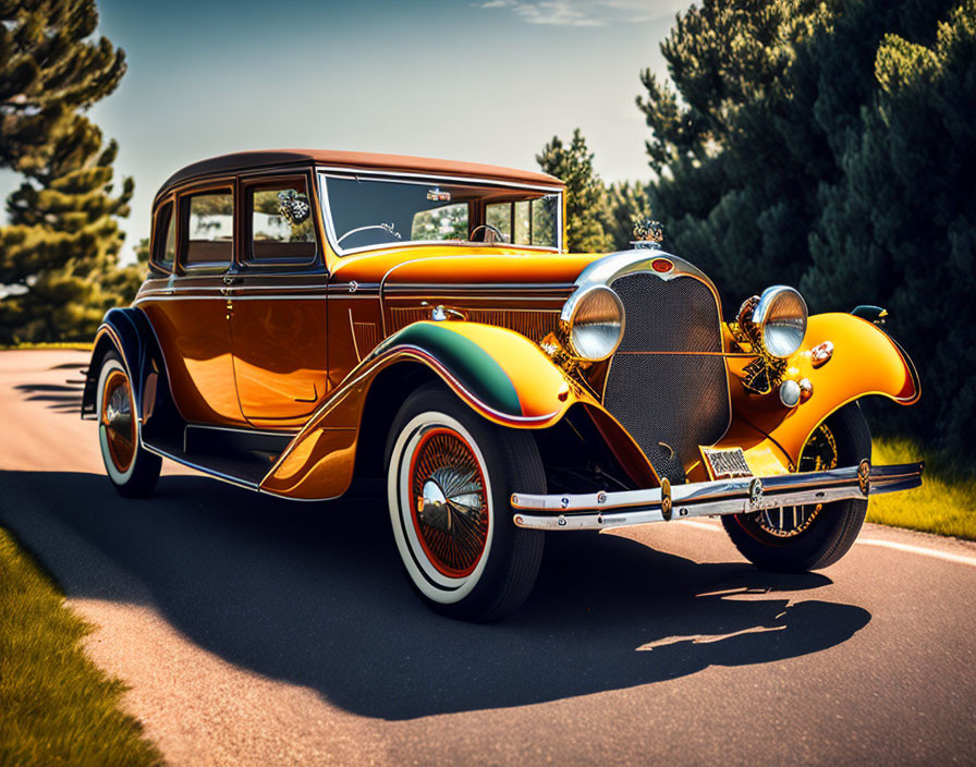 Vintage Car with Glossy Orange and Black Paint, Spoked Wheels, and Chrome Details parked in L