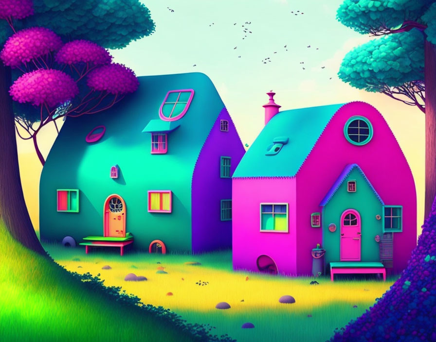 Colorful Cartoon-Style Houses in Whimsical Fantasy Landscape