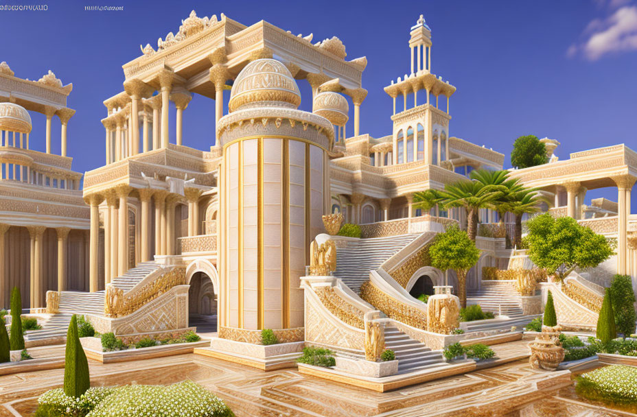 Luxurious 3D-rendered palace with classical architecture and lush greenery