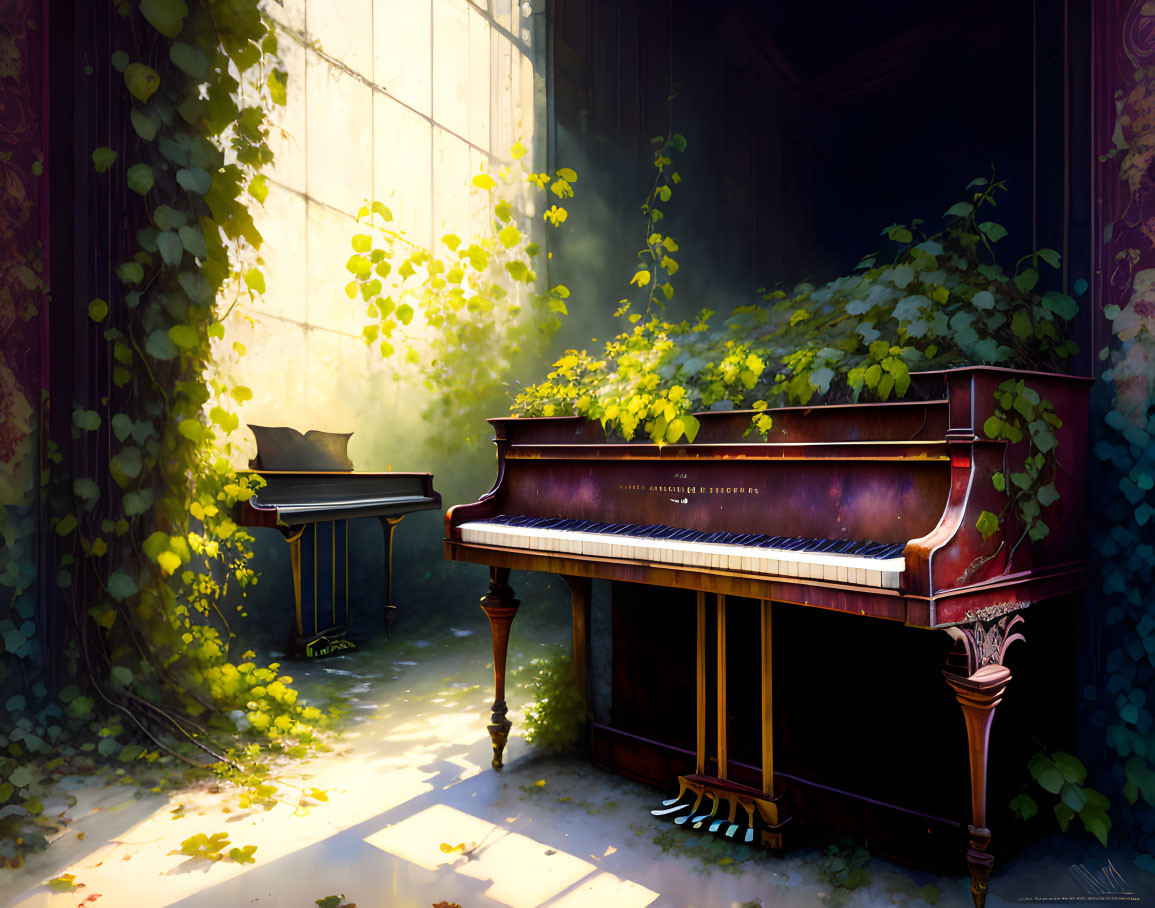 Grand Piano in Sunlit Room with Green Foliage