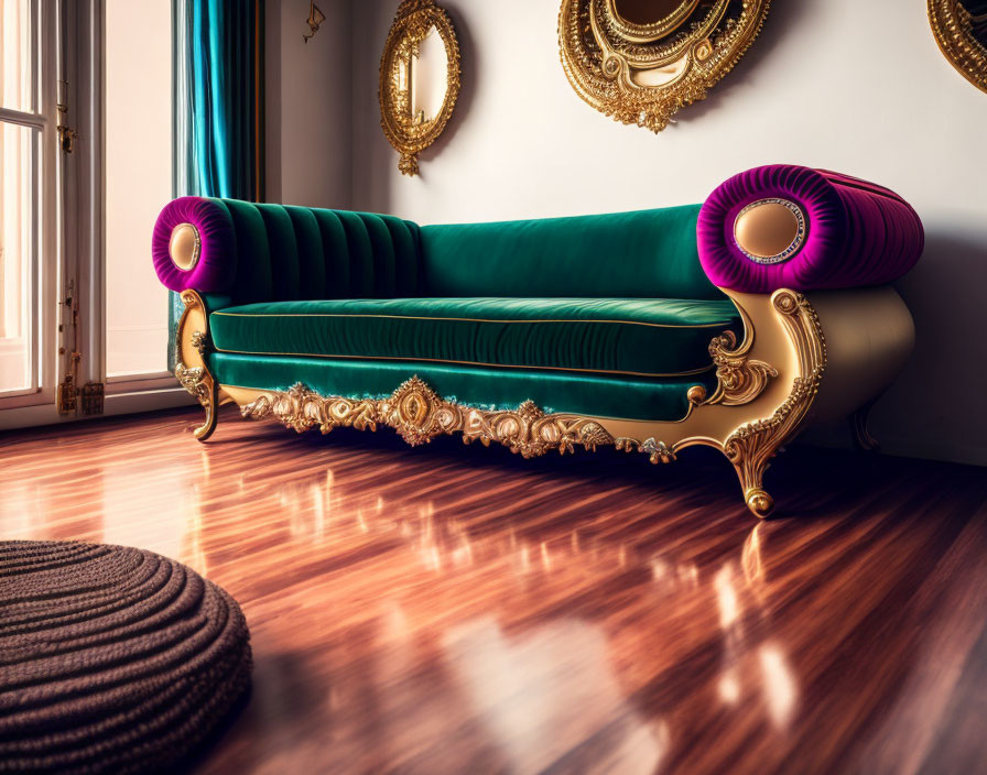 Luxurious Green Velvet Sofa in Opulent Room with Circular Mirrors