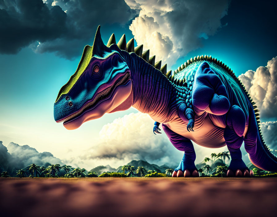 Colorful digital artwork of blue and purple dinosaur in lush greenery under dramatic sky