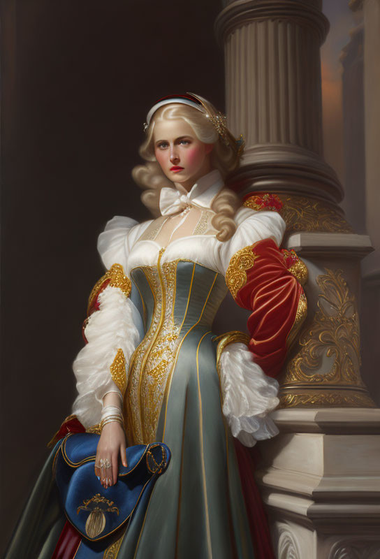 Historical woman in elegant attire with red and blue colors, standing by a column with intense gaze