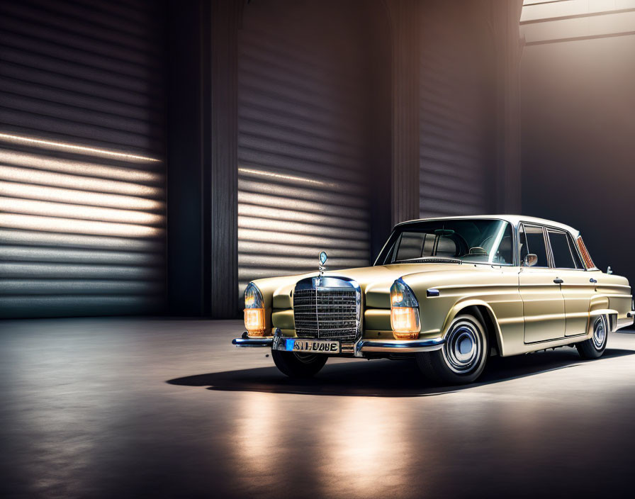 Yellow Classic Mercedes-Benz Car in Dimly Lit Garage